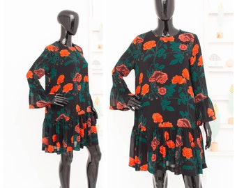 Ganni Crepe Dress Black Red Roses Floral Newman Georgette Floral Flared Cuff Sleeves Ruffle 36 UK10 M