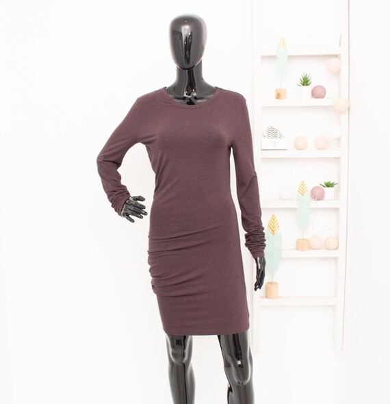 Alexander Wang Dress Brown Gathered Ruched Long Sleeves Jersey Knee Dress M Alexander Wang Dress Brown Gathered Ruched Long Sleeves Jersey Knee Dress M