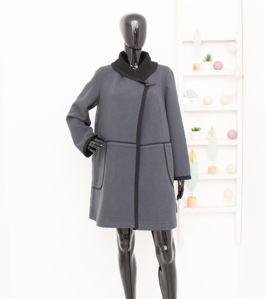 Portfolio by Jean Colonna grey melton wool overcoat with leopard print lining