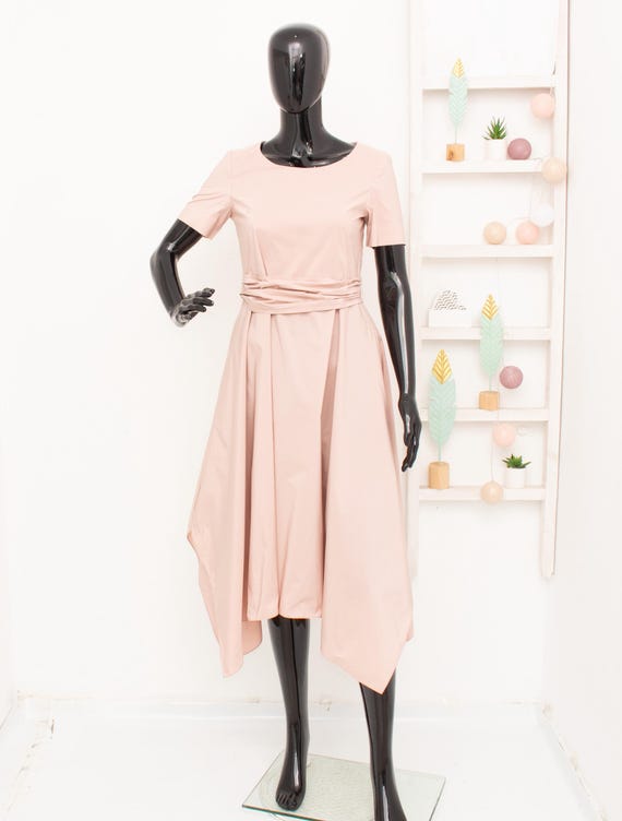 max mara dress pink Weekend Max Mara Dress Pink Asymmetric Taffeta Belted Bow Waisted Pleated  Fit & Flare Midi Dress Wedding Afternoon Party 32 UK4 US2