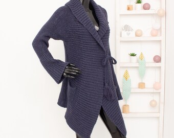 Alpaka Strickjacke Odd Molly Häkelwolle Strickmantel Wrap Blau