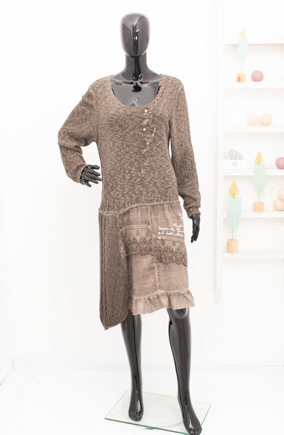 ELISA CAVALETTI jurk Pirobruin verfraaid kant gebreide geplooide asymmetrische jurk Italiaanse romantische herfstjurk XXL Etsy Nederland