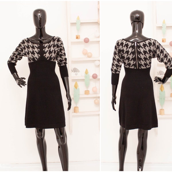 Karen Millen Wool Sweater Dress Grey Black Knitted Houndstooth Fit & Flare 2 UK 10 US6