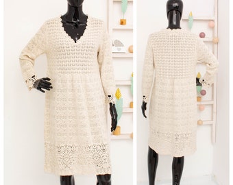 Odd Molly Jumper Dress Beige Crochet Pointelle Cotton Hand Knitted Embroidered 3 UK16 US12