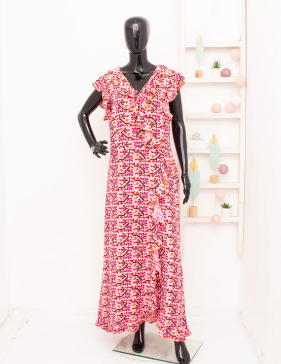 Place Du Soleil Wrap Maxi Dress Pink Floral Frilled Ruffle Wing Sleeves  Long Dress Ibiza Holiday Summer XL - Etsy Israel