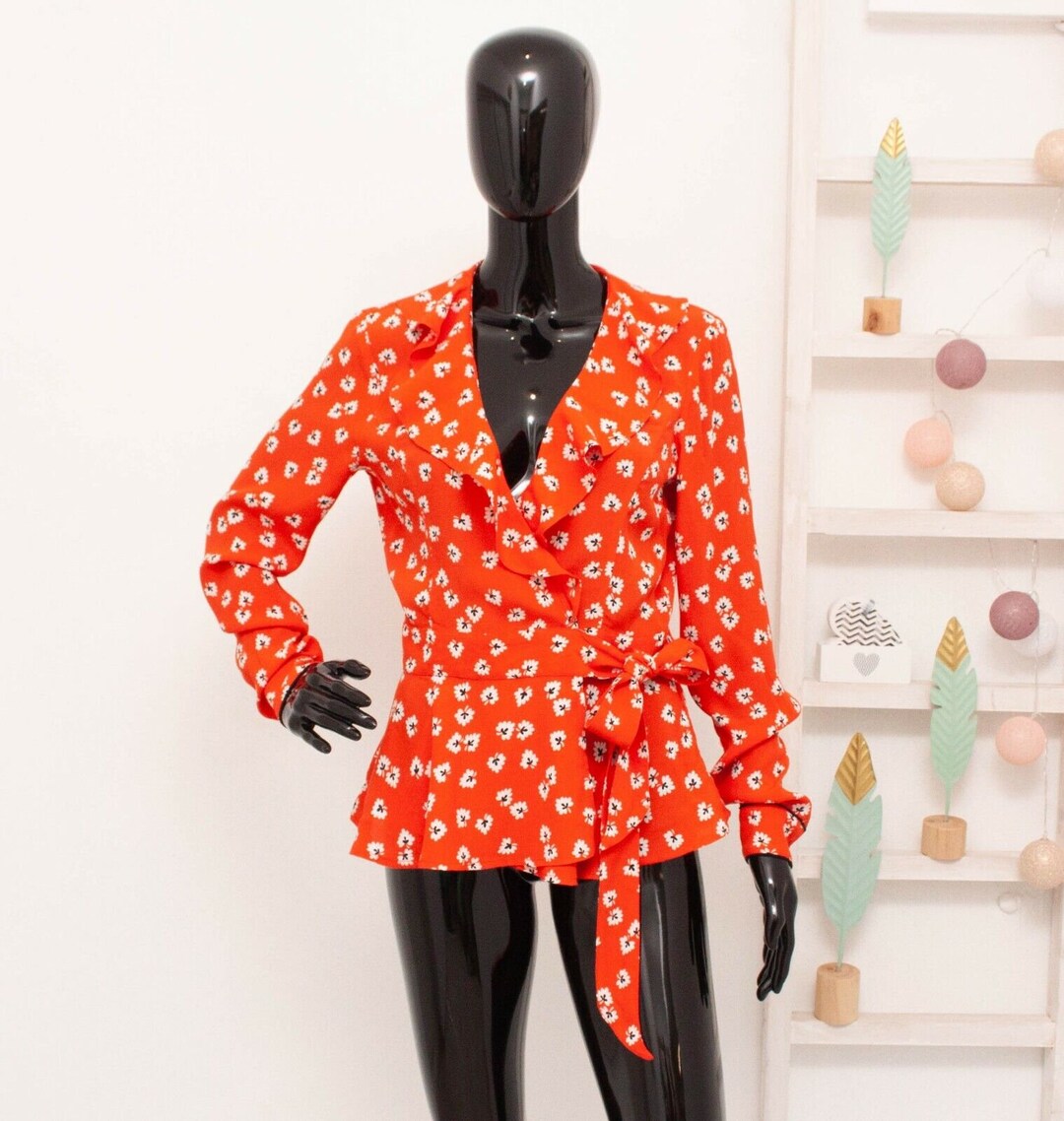 Ganni Floral Wrap Blouse Silvery Crepe Orange Ruffle Collar