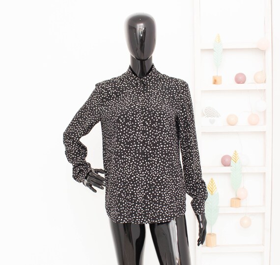 And Other Stories Silk Shirt Black Polka Dots Blouse Vintage Women's Crepe Top Office Teacher Autumn Spring 36 US6 UK8