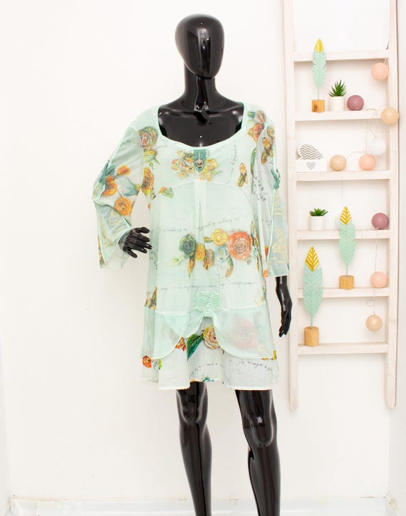 ELISA CAVALETTI Tulle Mesh Tunic Dress Green Floral Layered Embellished  Draped Romantic Italian XL - Etsy