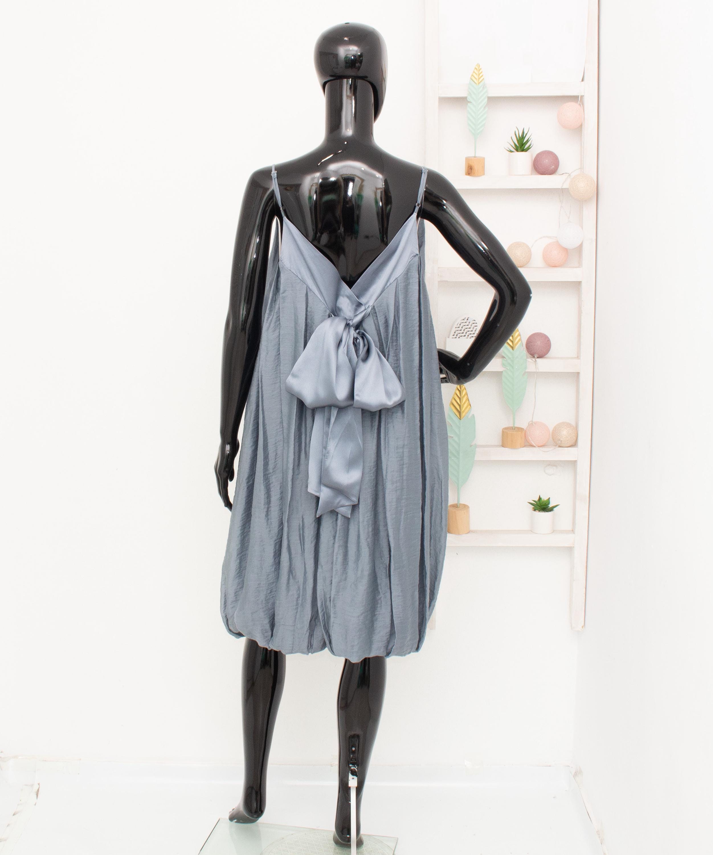 By MALENE BIRGER Dress Grey Bubble Hem Balloon Dress Satin Strappy Bow Back Voluminous Dress Vintage 40