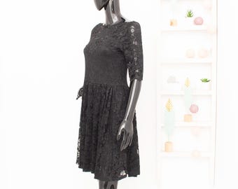 Lace Dress Ganni Black Floral Fit Flare Dress Boat Neck Wedding Embroidered  Dress Evening Cocktail S - Etsy