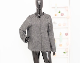 OSKA Wool Jacket Grey Marl Twill Short Collarless Coat Autumn Spring Vintage 3 UK14 US10