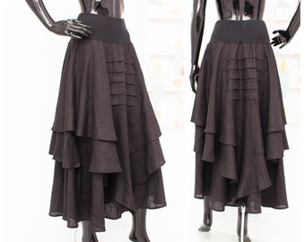 Olars Ulla Maxi Skirt Linen Black Layered Pleated Elastic Waist Gothic Voluminous Bohemian One Size