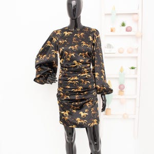 GANNI Silk Horse Print Dress Stretch Ruched Satin Balloon Sleeves Black Golden 34 New - Etsy GANNI Silk Horse Print Dress Stretch Ruched Satin Balloon Sleeves Black Golden 34 New - Etsy