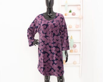 GUDRUN SJODEN Dress Velvet Purple Blue Floral Organic Cotton Velvet Kaftan Pockets L