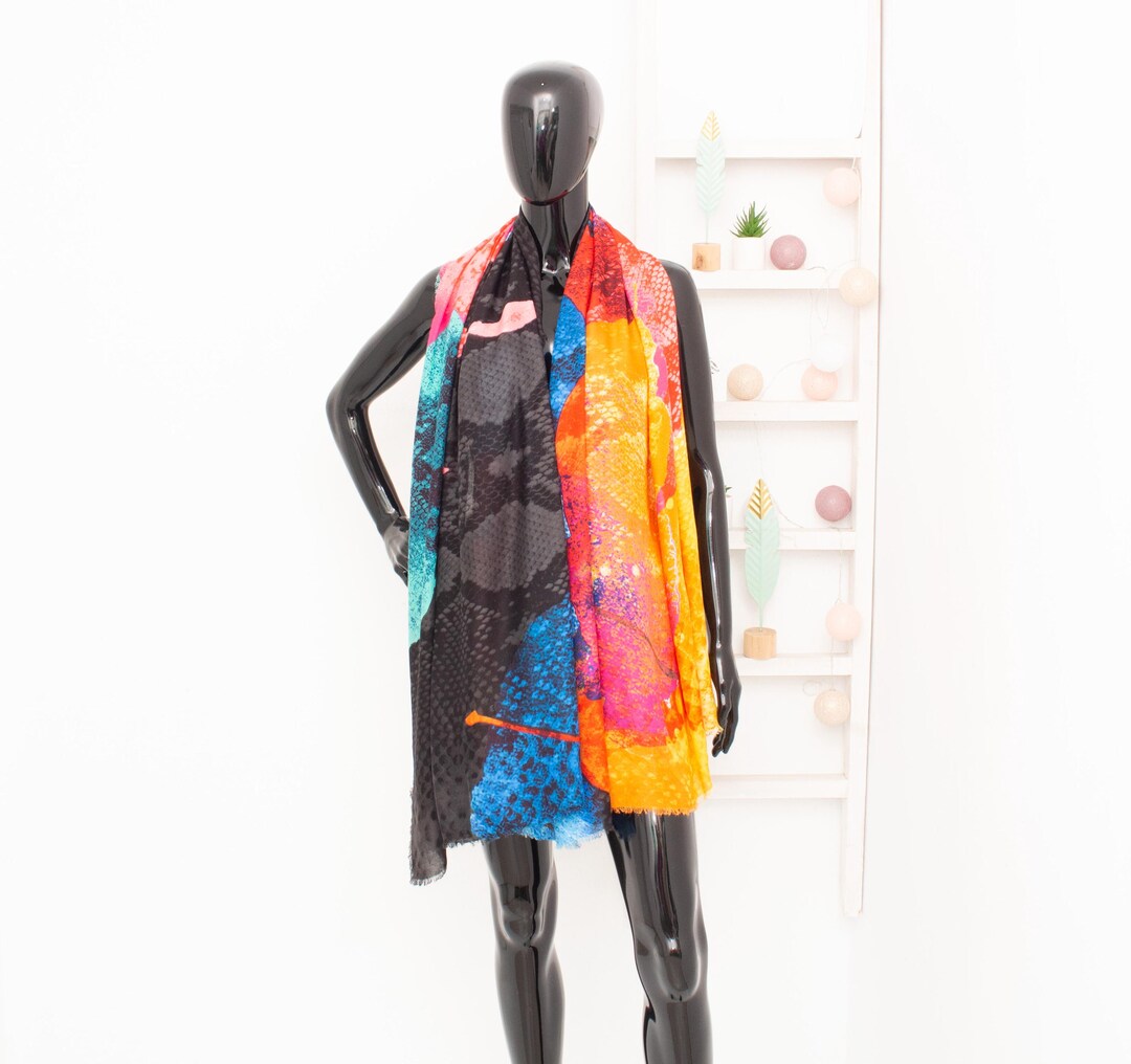 Desigual Rectangular Scarf Snake Python Print Colorful Shawl Large Logo ...