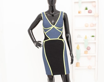 Herve Leger Dress Bandage Bodycon Jade Washed Blue Stretch Mini Dress Spring Summer XS