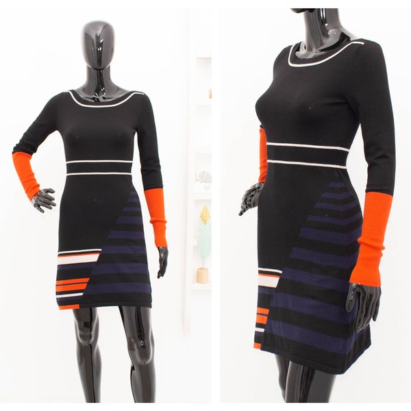 Karen Millen Dress Wool Colourblock Knit Jumper Dress Fit Flare Autumn Hourglass Jumper Dress 2 UK10 US6