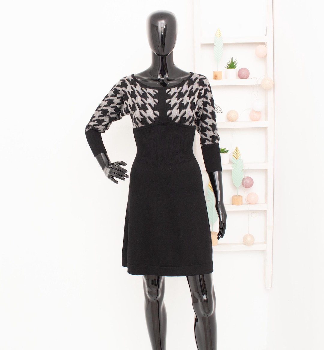 Karen Millen Wool Sweater Dress Grey Black Houndstooth Fit Flare