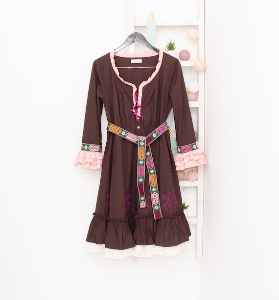 ODD MOLLY Dress Brown Pink Pleated Embroidered Belted Art Folklore Prairie  Dress Ethno Bohemian Dress 3 UK16 US12 - Etsy UK