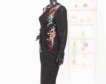 Karen Millen Dress Japanese Blossom Floral Embroiderd Black Lace