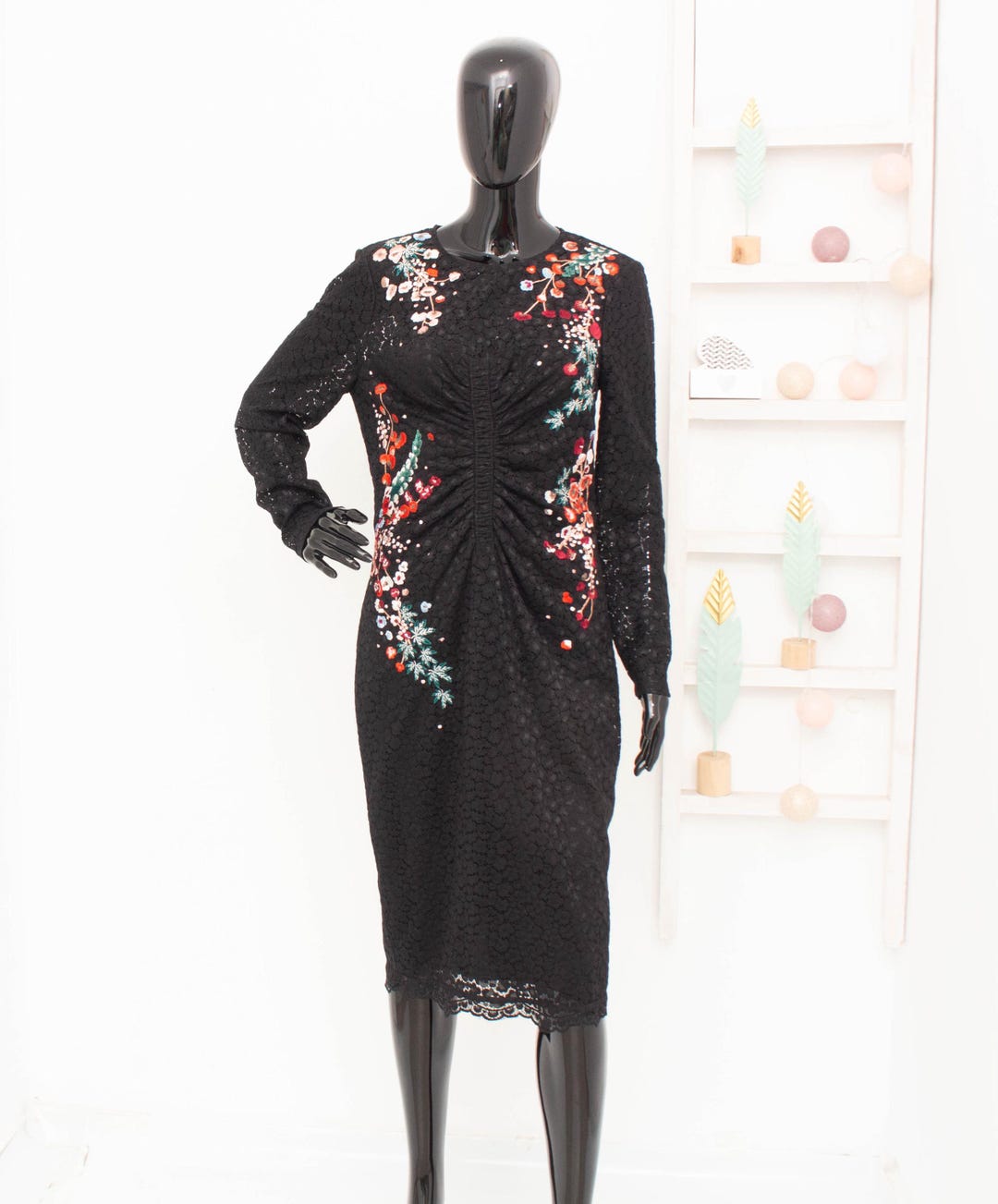Karen Millen Dress Japanese Blossom Floral Embroiderd Black Lace