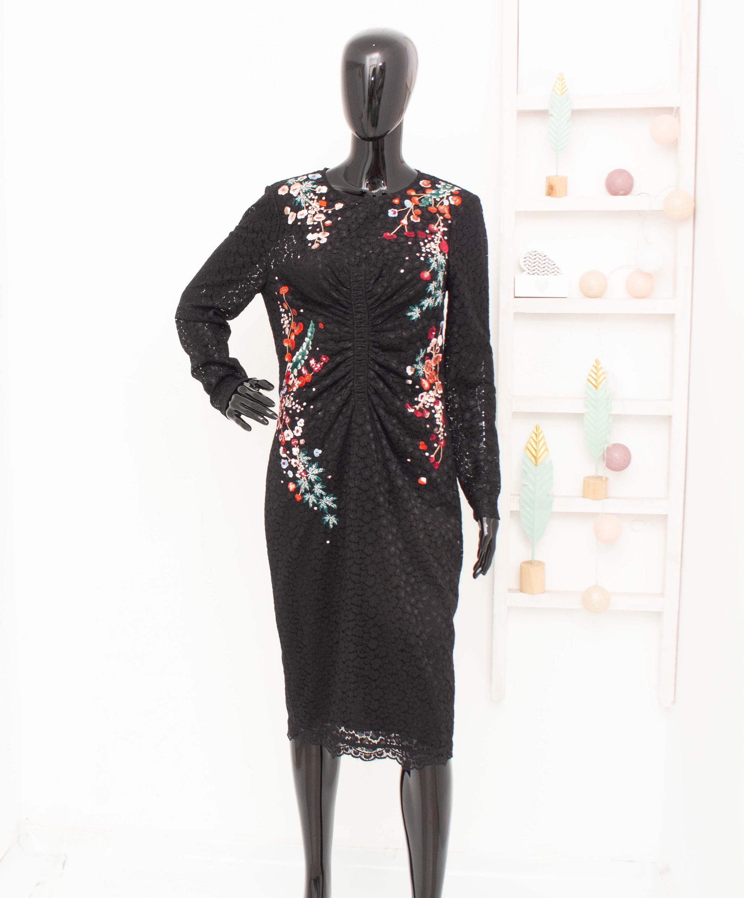 Karen Millen Dress Japanese Blossom Floral Embroiderd Black