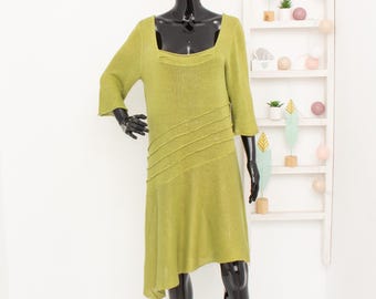 Linen Asymmetric Dress Zuza Bart Green Ribbed Pleated Art Bohemian Midi Dress Romantic Spring Autumn XL