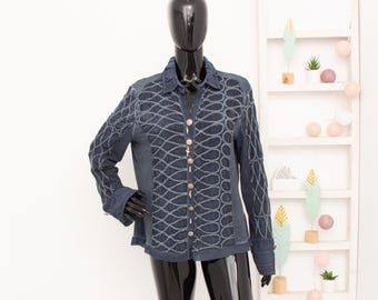 ELISA CAVALETTI Shirt Embellished Blue Collared Italian Blouse Designer Vintage L