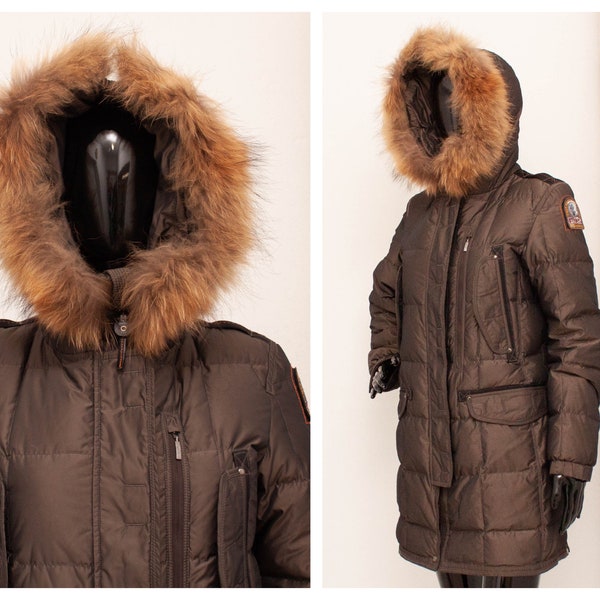 PARAJUMPERS Down Parka High Fill 90/10 Down Feather Puffer Brown Long Jacket Luxurish Coyote Fur Hooded Winter Coat S