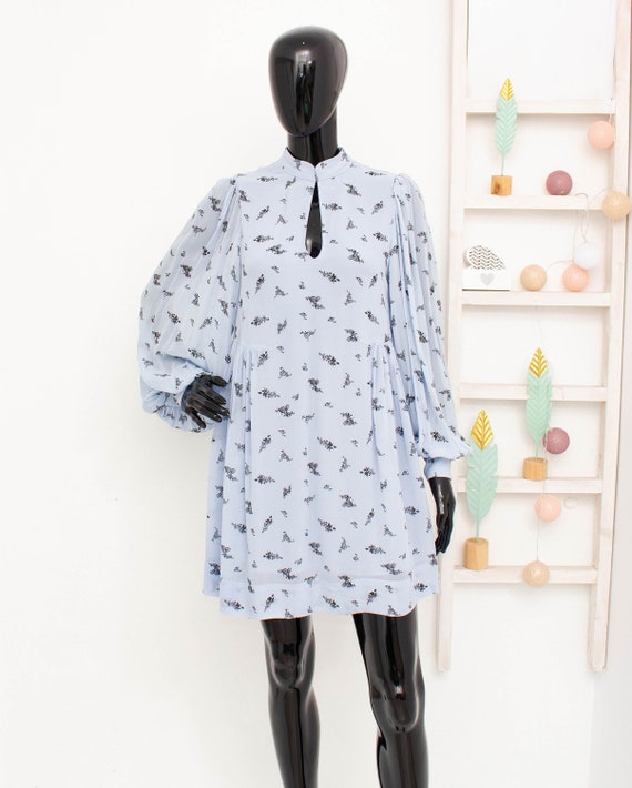 ganni dress blue floral Ganni Floral Print Mesh Long Sleeve Maxi Wrap Dress In Blue