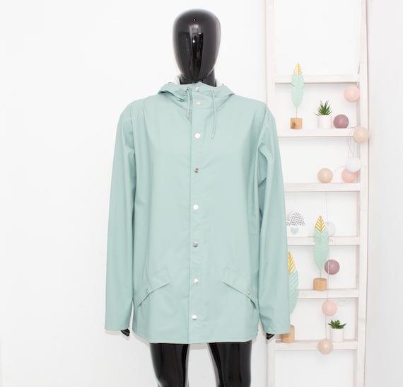 RAINS Raincoat Hooded Jacket Mint Waterproof Rubber Coated Latex