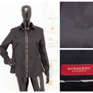 Burberry London zwart overhemd Nova Check Trim geborduurd logo katoen stretch blouse Vintage IT46 UK14 US12 afbeelding 1