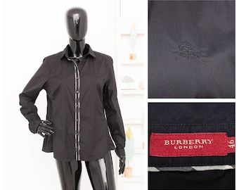 Burberry London Black Shirt Nova Check Trim Embroidered Logo Cotton Stretch Blouse Vintage IT46 UK14 US12