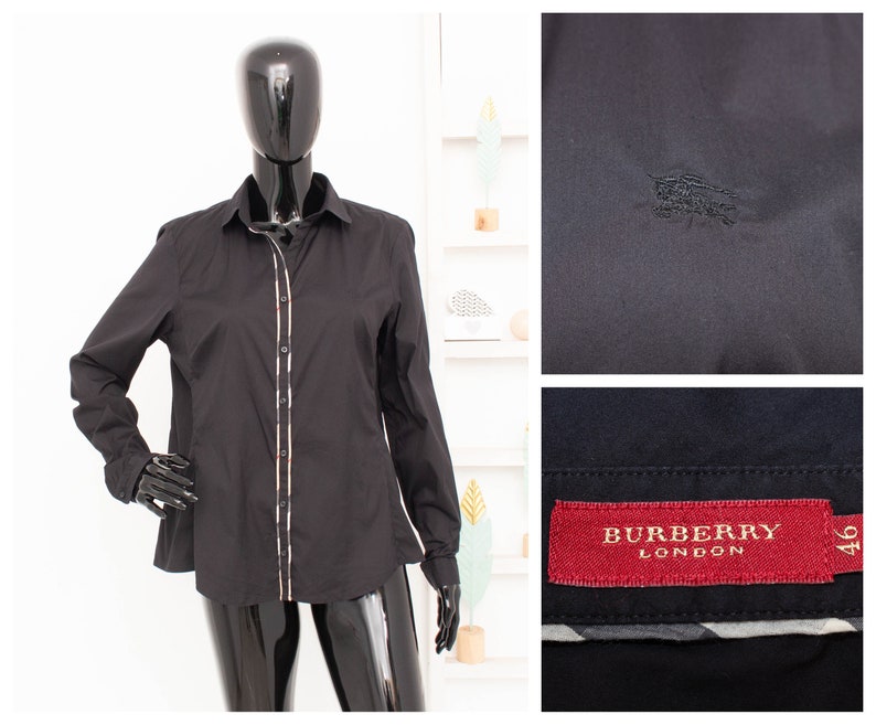 Burberry London zwart overhemd Nova Check Trim geborduurd logo katoen stretch blouse Vintage IT46 UK14 US12 afbeelding 1