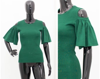 Off Shoulder Blouse Ganni Evangel Bell Sleeve Top Green Knitted Blouse Romantic M