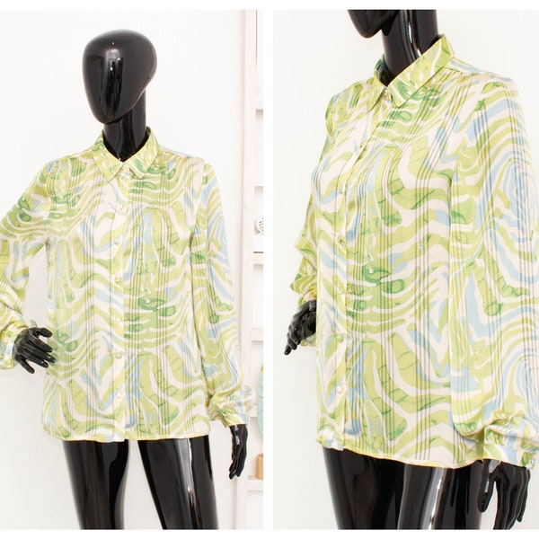 Fabienne Chapot Shirt Frida Off-White Green Geometric Wave Print Semi-Sheer Blouse Loose Fit 38 UK10 US6