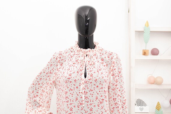 GANNI Crepe Blouse Ruffle Collar White Red Floral Shirt Wide