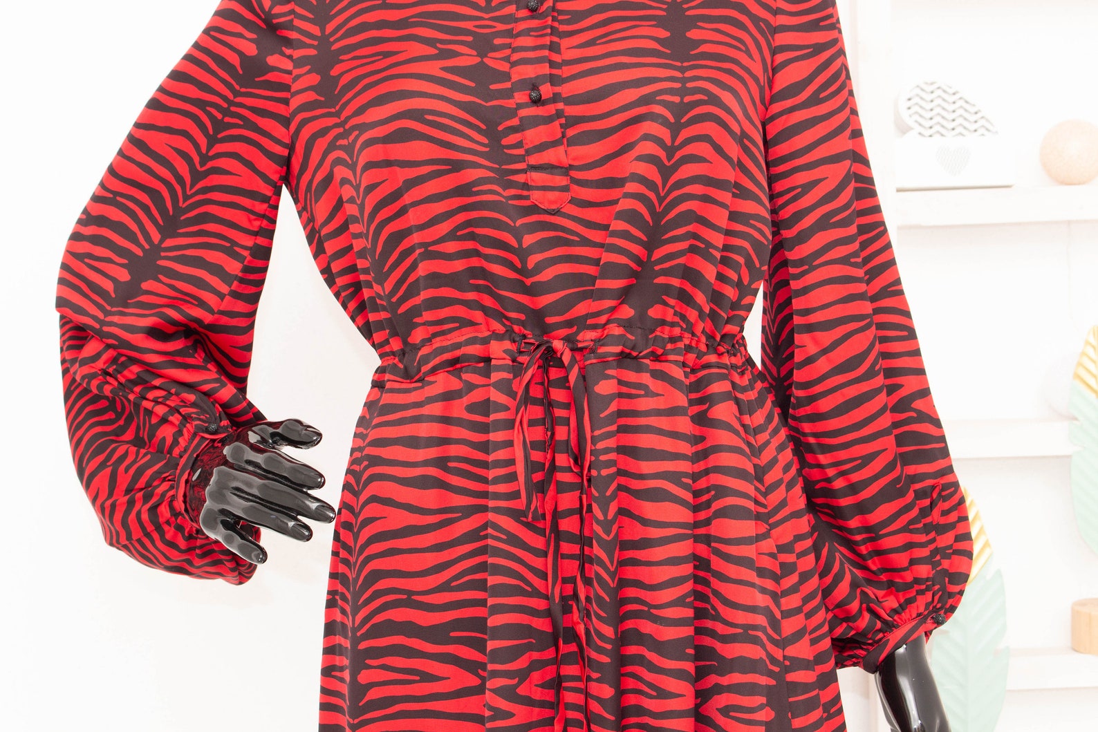 Red Tiger Print Cotton Midi Dress - Bohemian String Tie