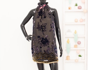 Hale Bob Silk Dress Black Purple Gold Floral Velvet Sequins Beaded Lined Tunic Designer Afternoon Party M