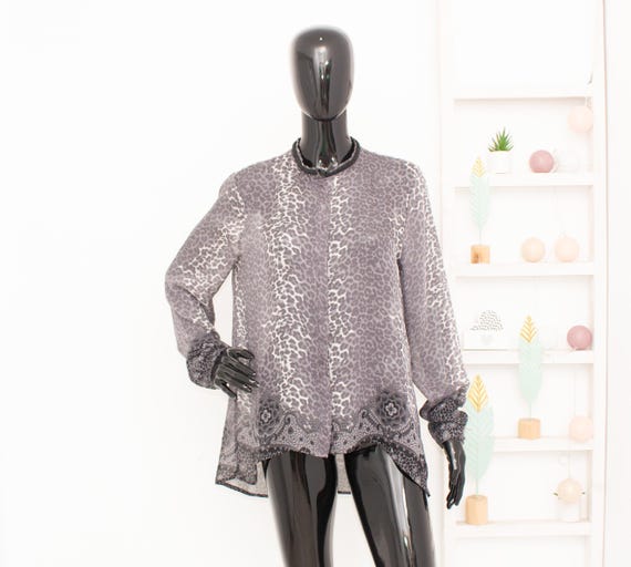 Tricot Silk Blouse Leopard Grey Shirt 100% Silk Beaded Mock Neck Long Sleeve 42
