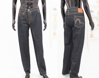 Evisu Heren Jeans Rechte been Asymmetrische naden Blauwe Denim Broek Geborduurd Distressed Vintage maat 33