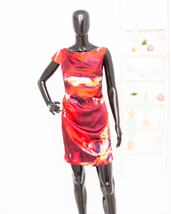 Karen Millen Silk Dress Red Abstract Print Stretch Satin Ruched Gathered Pleated Wiggle Dress Cocktail Evening 38 US6 UK10 Etsy UK