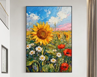 Dipinto ad olio impressionista di un campo di girasoli, quadro floreale da parete, decorazione moderna in stile rustico su tela