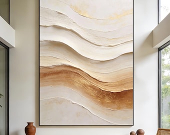 Original Gold Flow Abstract Oil Painting, Neutral Cream Beige Textured Canvas Art, Modern Minimalist Luxury Decor for Living Room, Bedroom