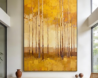 Cuadro abstracto original de gran tamaño "Bosque Dorado" al óleo, moderno lienzo con árbol otoñal para sala de estar, comedor, dormitorio, decoración escandinava.