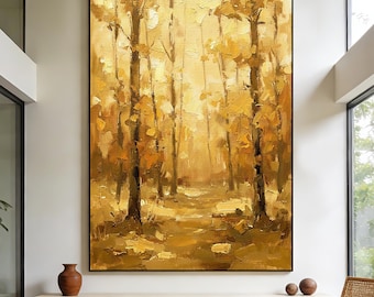 Quadro decorativo original em tela com tema de floresta dourada de outono, pintura abstrata moderna de paisagem, decoração boho neutra para sala de estar, quarto e escritório.