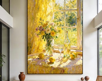 Original Sunlit Lemon Still Life Canvas Wall Art, Impressionist Yellow Floral Painting, French Country Decor for Kitchen,Dining Room,Bedroom