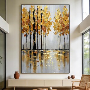 Original Modern Gold Tree Reflection Painting, Textured Abstract Forest Canvas Wall Art for Living Room, Bedroom, Neutral Luxury Decor