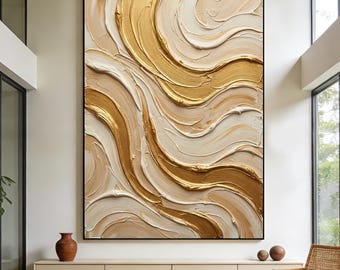 Original Neutral Gold Abstract Wall Art, Modern Textured Canvas Painting, Luxury Minimalist Decor for Living Room, Bedroom, Entryway,Hallway