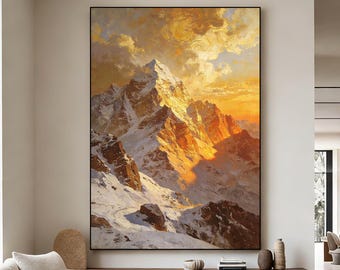 Pintura al óleo original de un paisaje montañoso al atardecer dorado, arte mural abstracto moderno, lienzo texturizado grande para la decoración de la sala de estar, el dormitorio y la oficina.